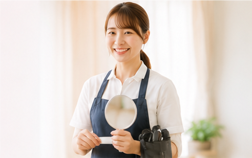 鏡を持って笑顔の美容師